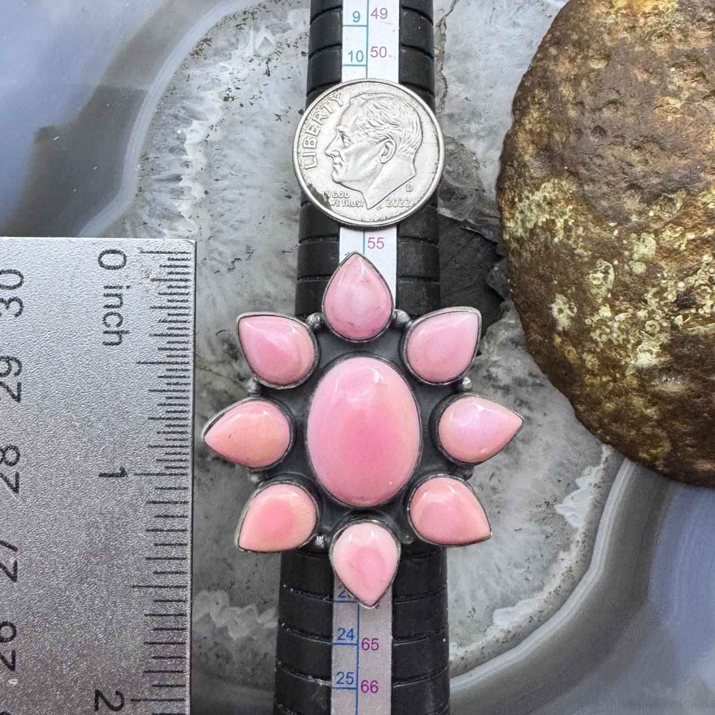 Native American Sterling Silver Pink Conch Adjustable Cluster Ring For Women
