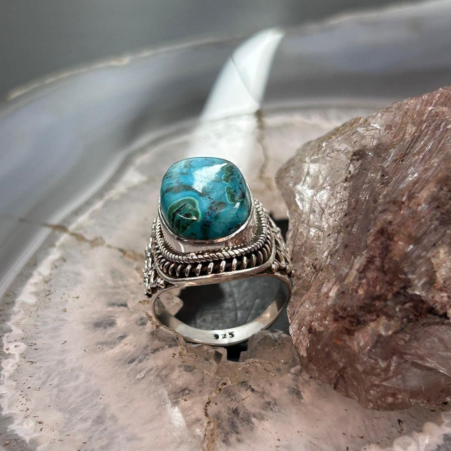 Sterling Silver Southwestern Style Oval Malachite Chrysocolla Ring Size 7.5 For Women