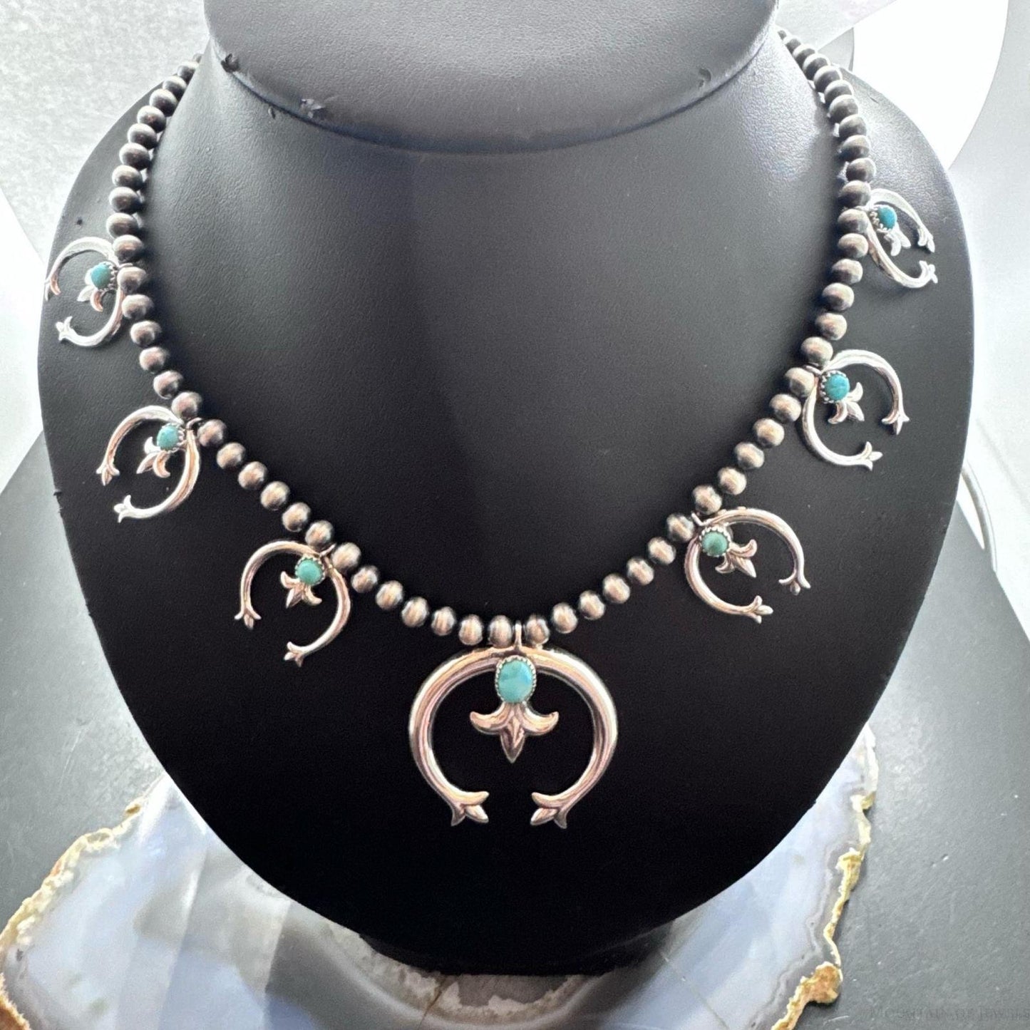 Sterling Silver Southwestern Style Naja w/Turquoise Squash Blossom 20" - 22" Necklace For Women