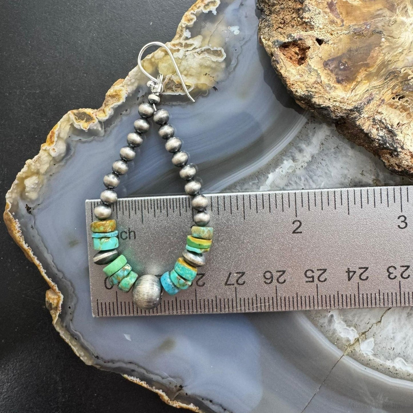 Sterling Silver 4-8mm Navajo Pearl Southwester Style & Turquoise Bead Hoop Earrings For Women