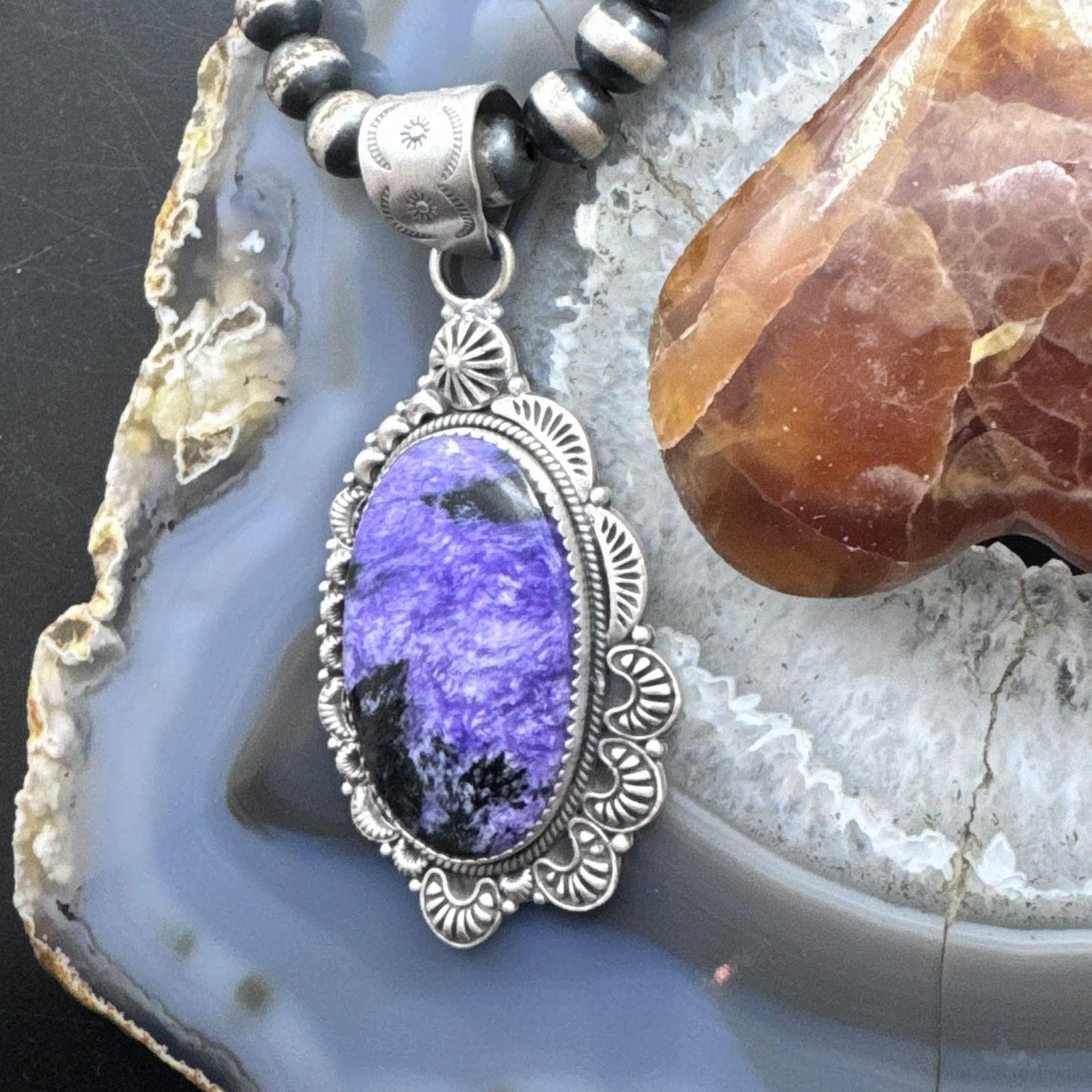 Sterling Silver Southwestern Style Large Oval Charoite Decorated Pendant For Women