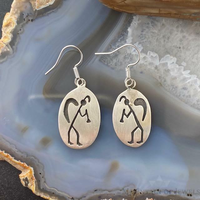 Native American Silver Oval Kokopelli Illustration Dangle Earrings