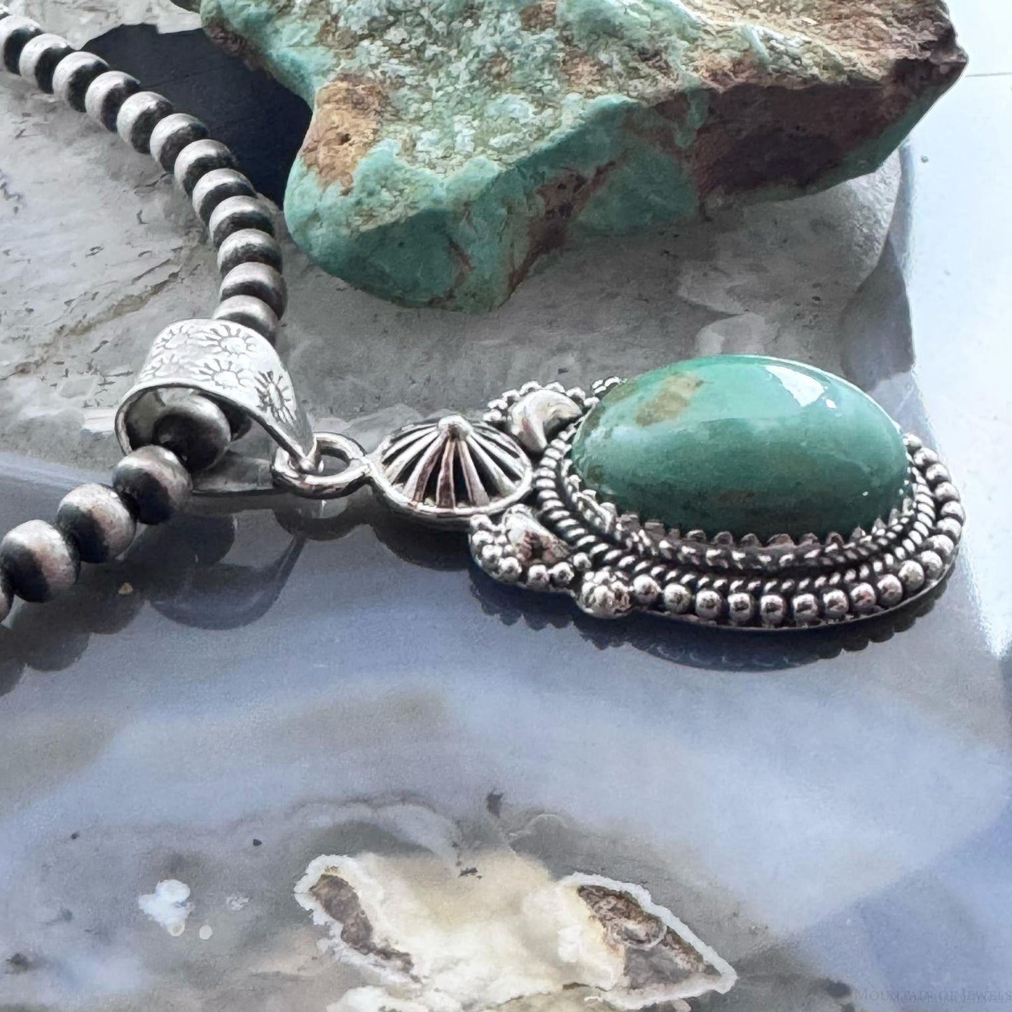 Sterling Silver Southwestern Style Oval Green Turquoise Decorated Pendant For Women