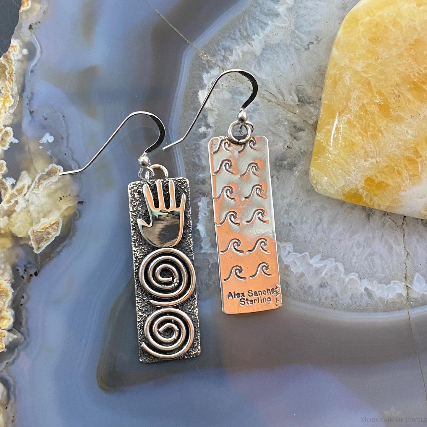 Alex Sanchez Native American Sterling Silver Long Rectangle Petroglyph Dangle Earrings For Women