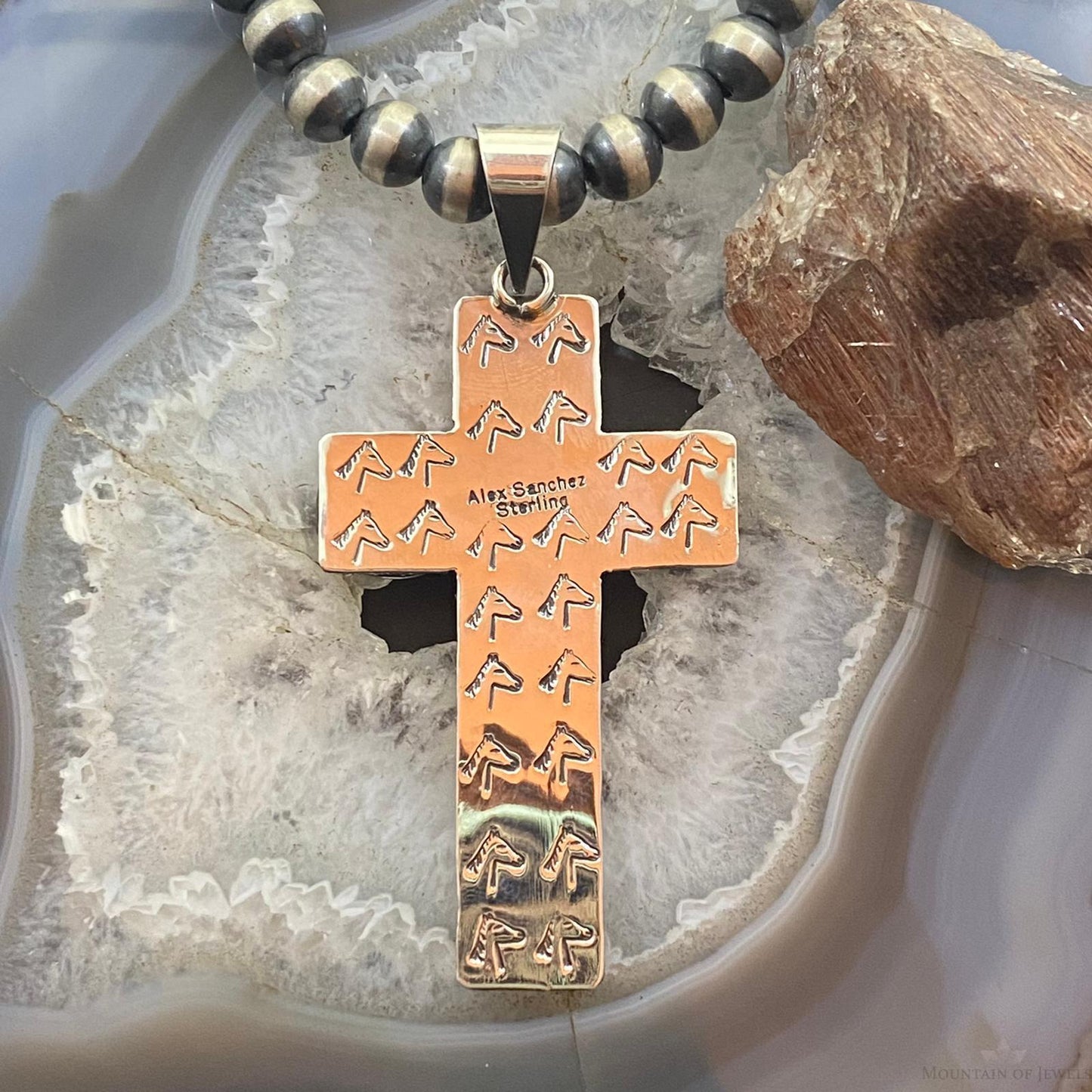 Alex Sanchez Native American Sterling Coral Petroglyph Cross Uni Pendant #4