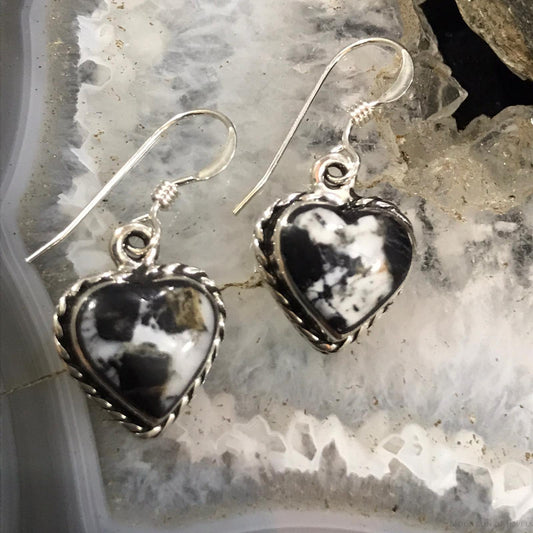 Native American Sterling Silver Tiny Heart Shaped White Buffalo Dangle Earrings For Women