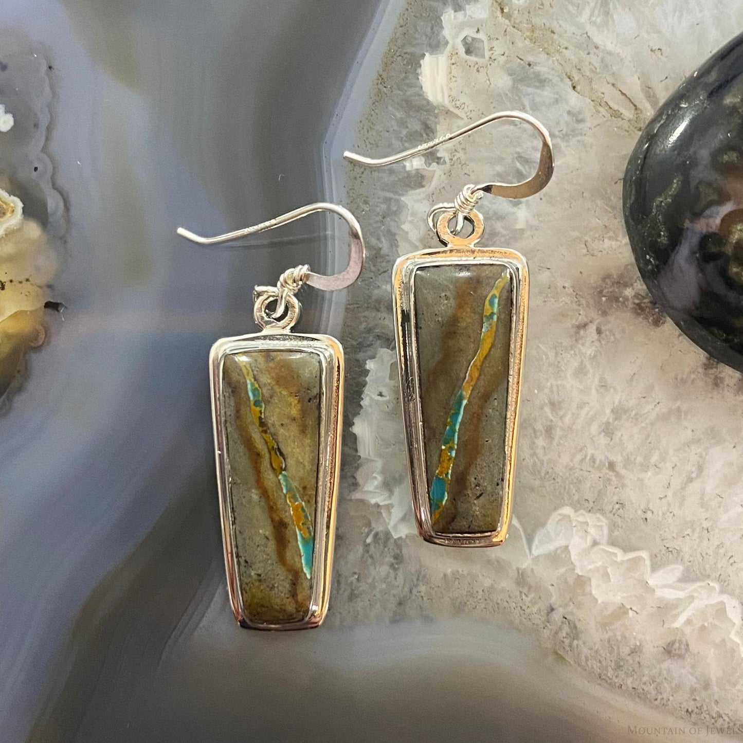 Native American Sterling Trapezoid Boulder Ribbon Turquoise Dangle Earrings #1