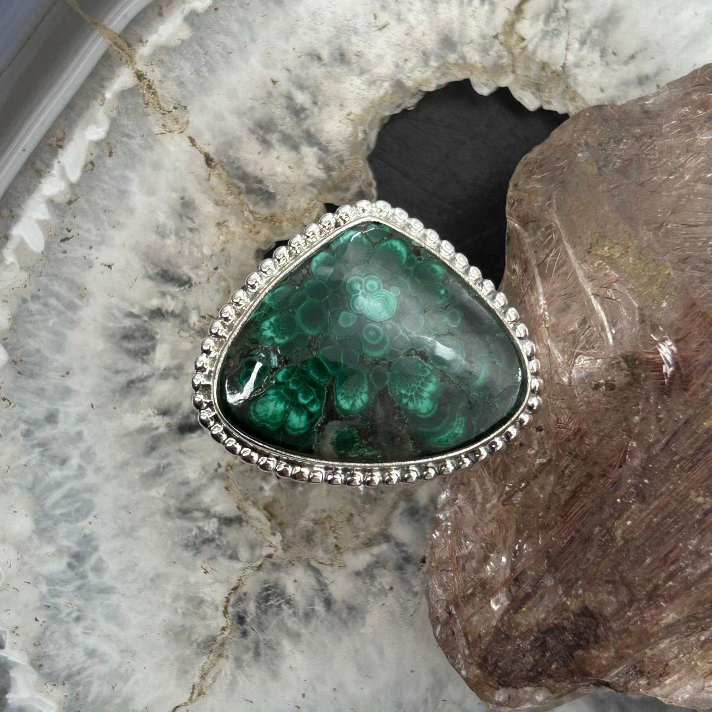 Sterling Silver Southwestern Style Wide Triangle Malachite Ring Size 9 For Women