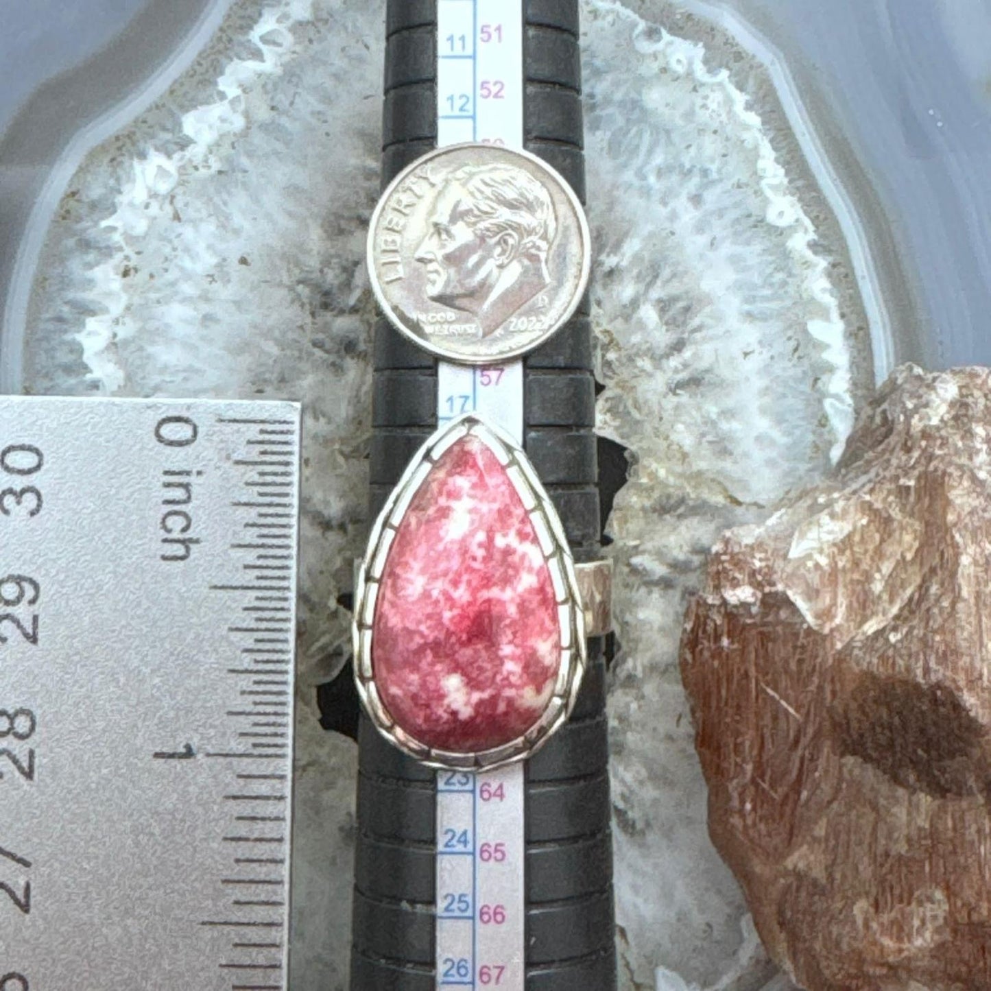 Sterling Silver Southwestern Style Teardrop Thulite Decorated Ring Size 9.5 For Women