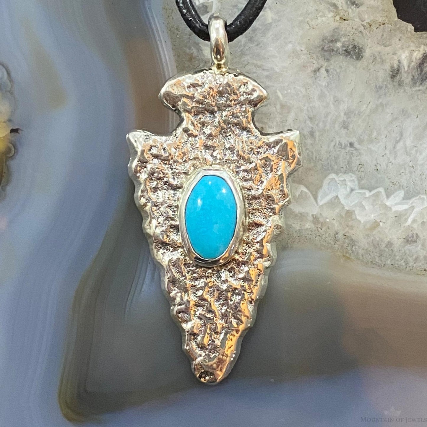 Gary Custer Navajo Sterling Silver Tufa Cast Turquoise Arrowhead Uni Pendant #3