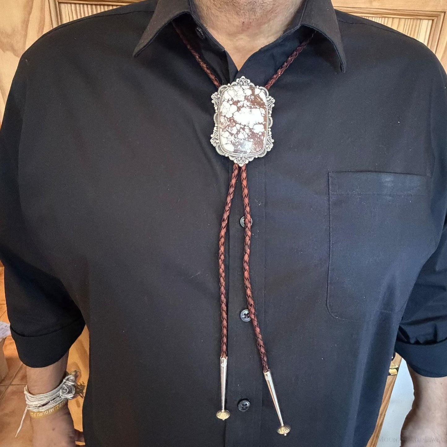 Sterling Silver Southwestern Style Large Rectangle Wild Horse Bolo Tie For Men