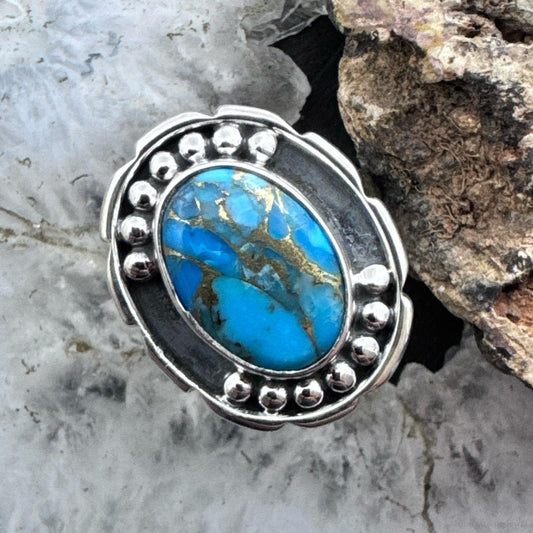 Sterling Silver Southwestern Style Oval Copper Turquoise Decorated Ring For Women