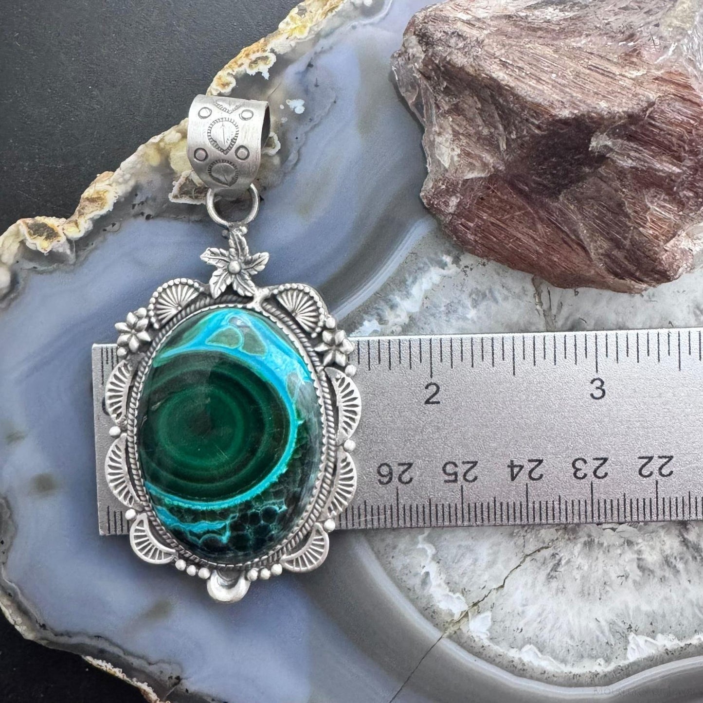 Sterling Silver Southwestern Style Oval Azurite Malachite Decorated Pendant For Women