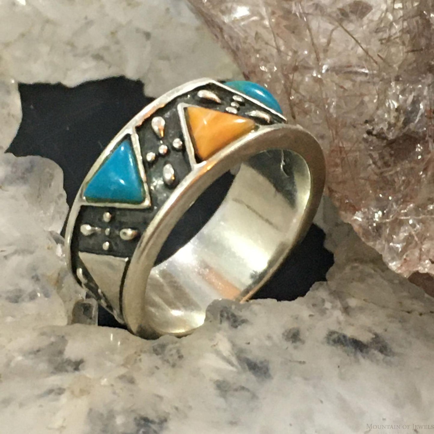Carolyn Pollack Southwestern Style Sterling Silver Turquoise & Spiny Oyster Band Ring For Women
