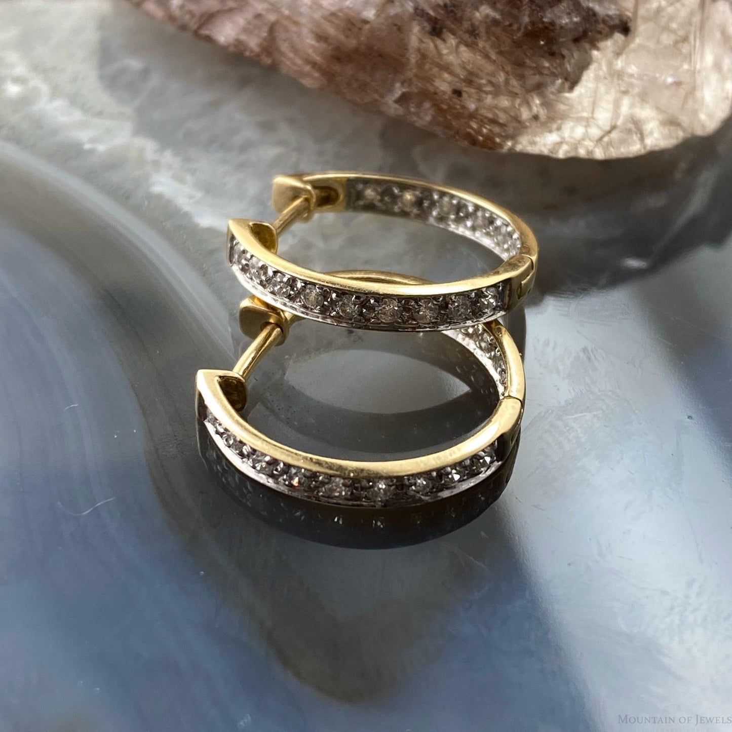 14K Two Tone Gold Diamonds Hugs Hoop Earrings For Women