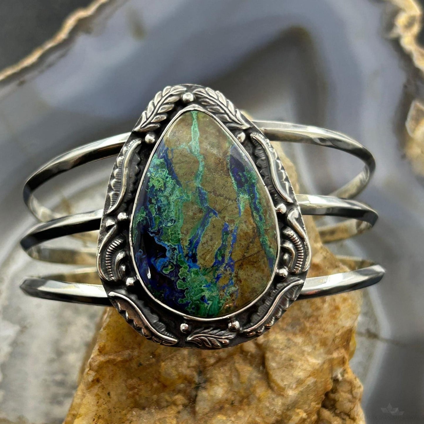 Sterling Silver Southwestern Style Large Teardrop Azurite Malachite Bracelet For Women