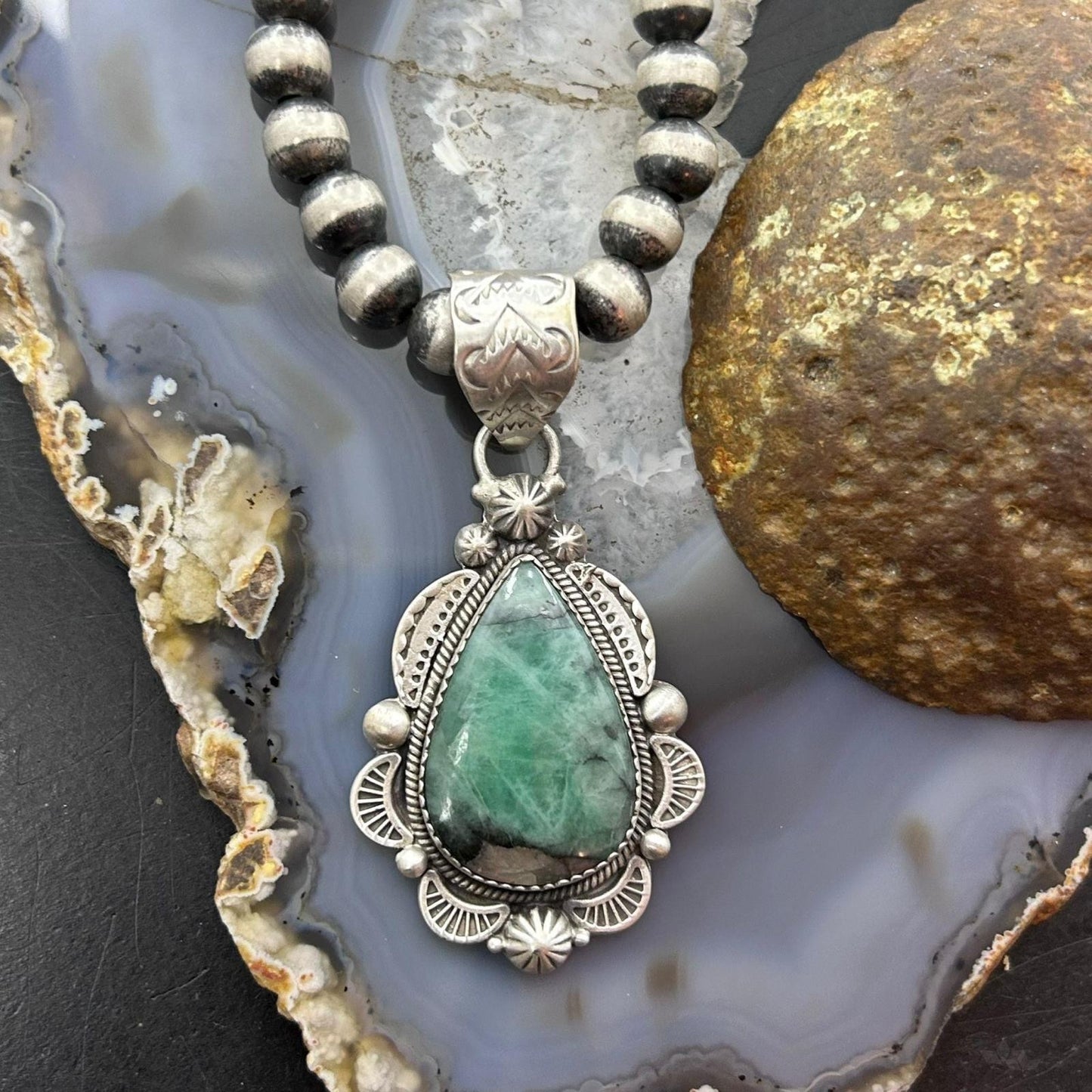 Sterling Silver Southwestern Style Teardrop Emerald Decorated Pendant For Women