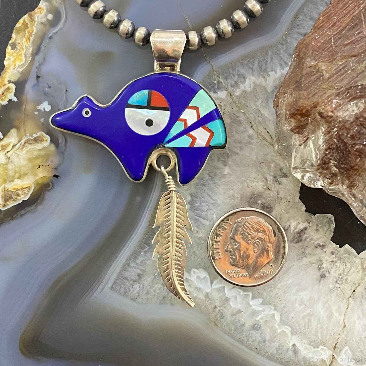 Native American Sterling Multistone Zuni Inlay Fetish Bear w/Feather Pendant