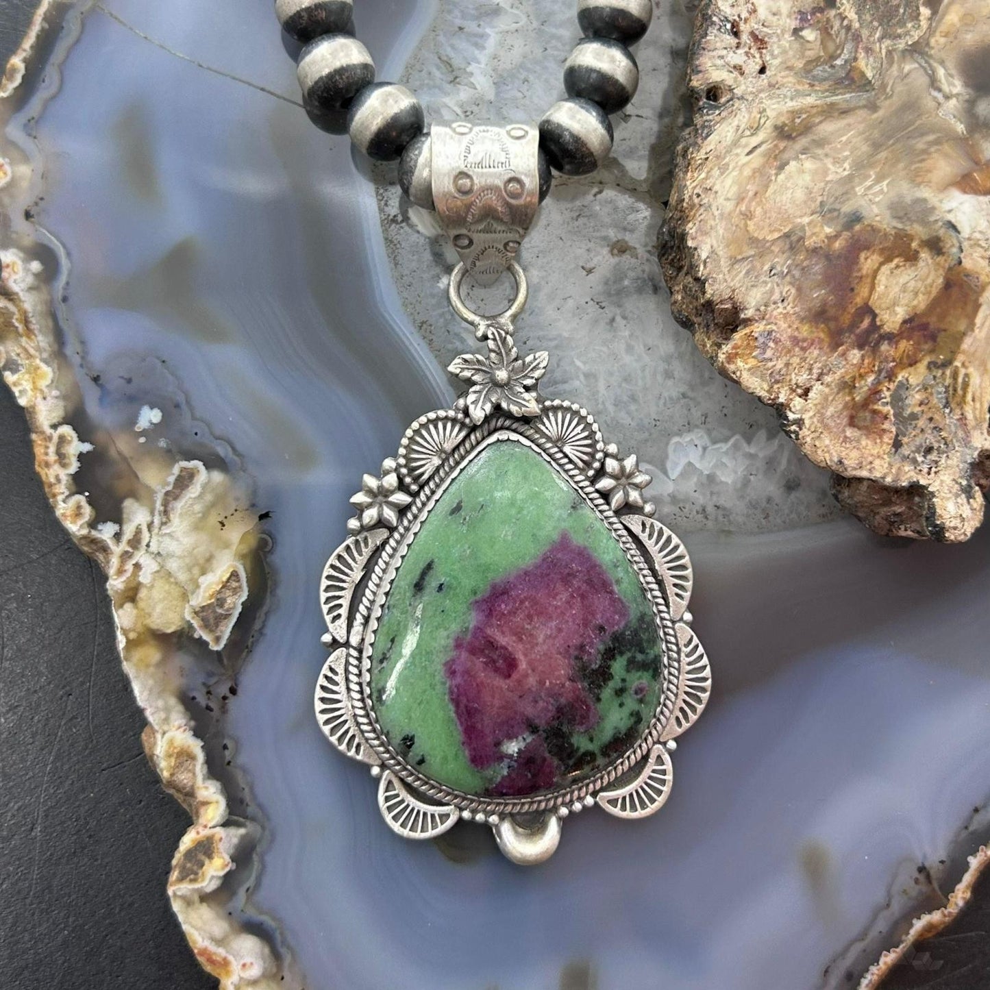 Sterling Silver Southwestern Style Teardrop Ruby Zoisite Pendant For Women