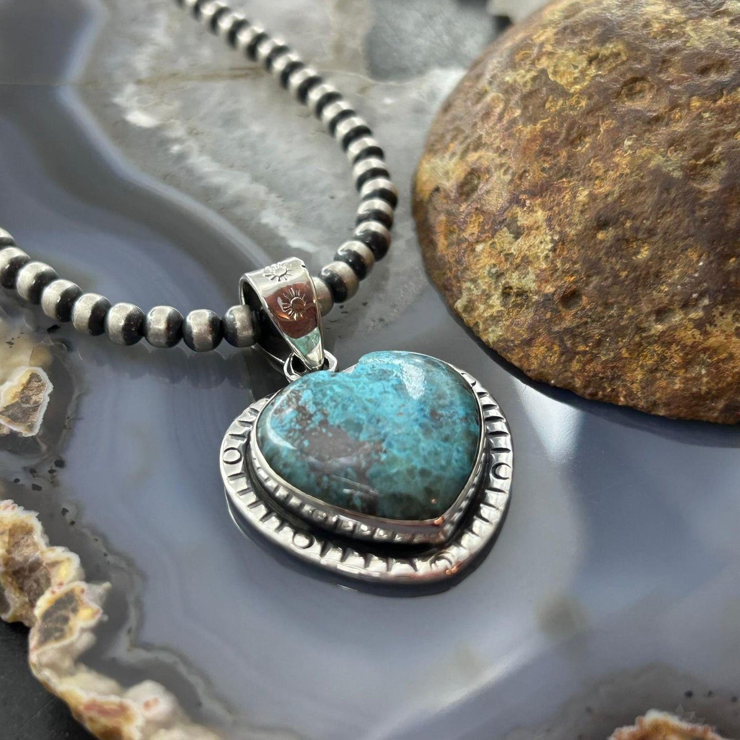 Sterling Silver Southwestern Style Chrysocolla Decorated Heart Pendant For Women