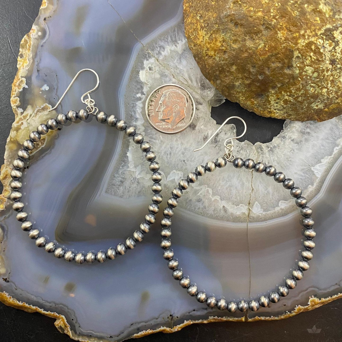Native American Sterling Silver Navajo Pearl Beads 4mm Hoop Dangle Earrings