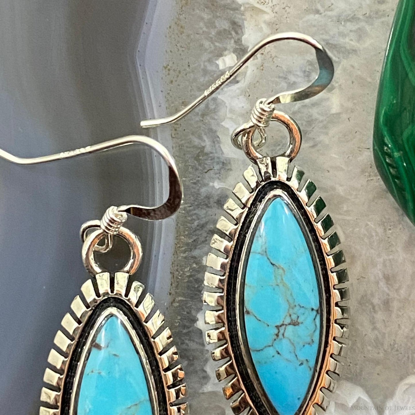 Native American Sterling Silver Marquise Turquoise Dangle Earrings For Women