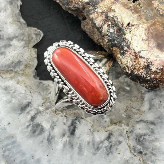 Sterling Silver Southwestern Style Coral Decorated Ring Size 5.75 For Women