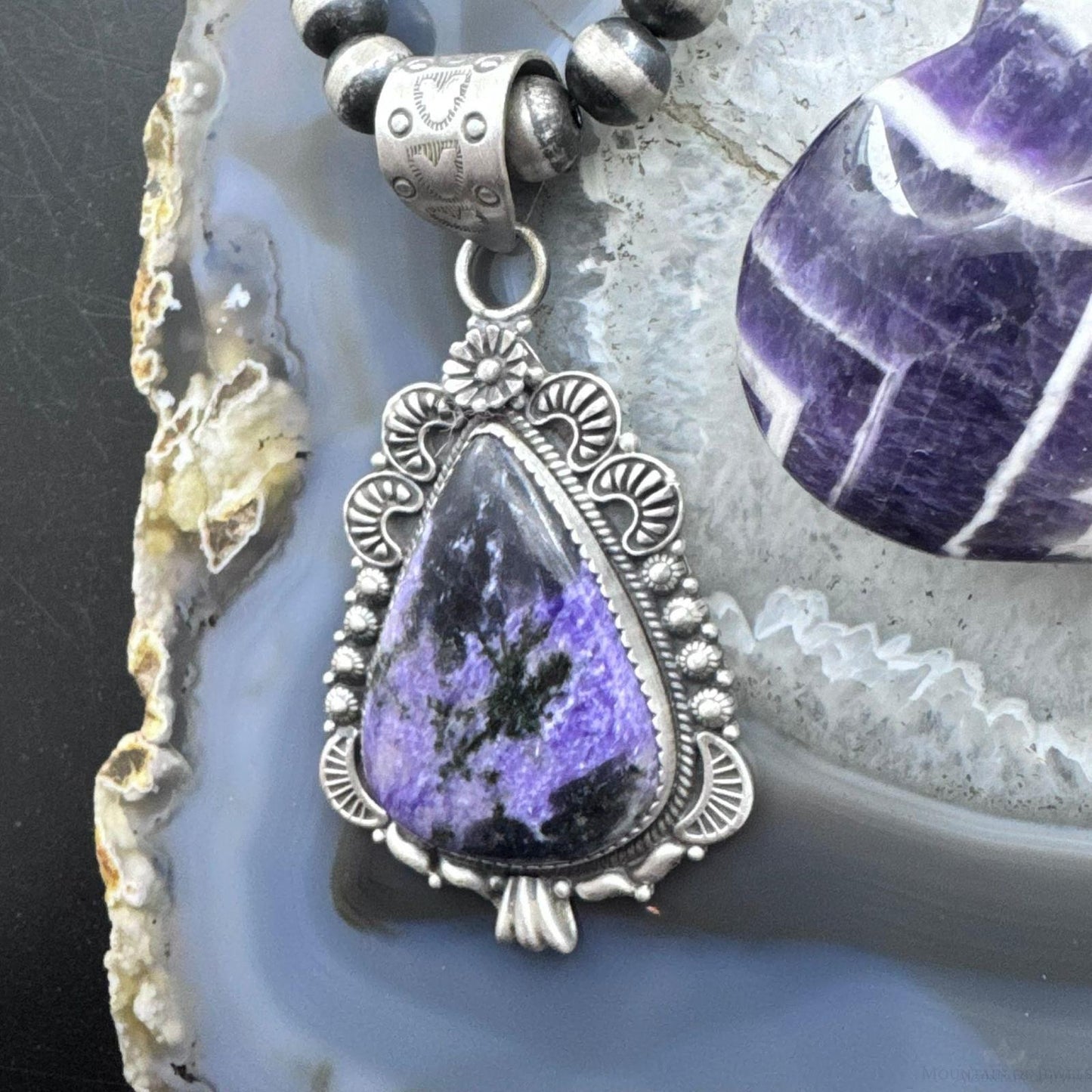 Sterling Silver Southwestern Style Elongated Teardrop Purple Charoite Pendant For Women