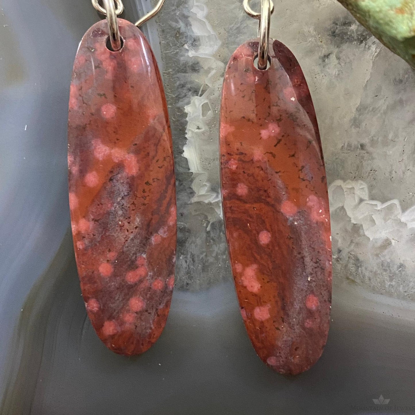 Sterling Silver Oval River Jasper Slab Dangle Earrings For Women