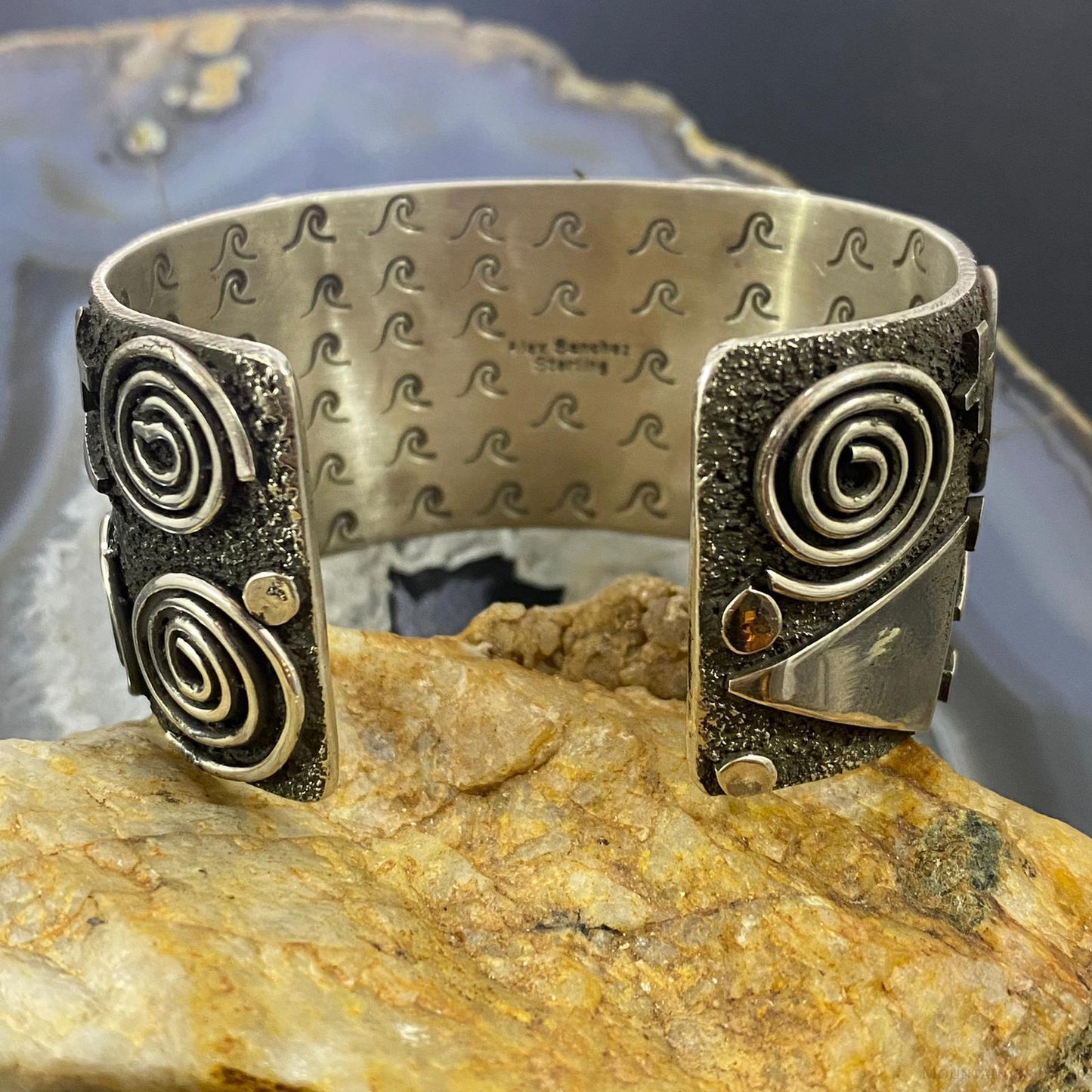 Alex Sanchez Native American Sterling Silver Petroglyph Turquoise Wide Bracelet