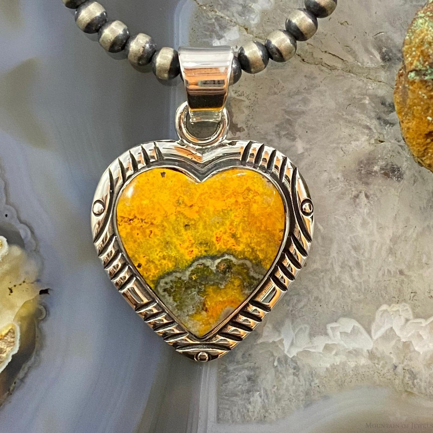 Native American Sterling Silver Heart Shape Bumblebee Jasper Pendant For Women