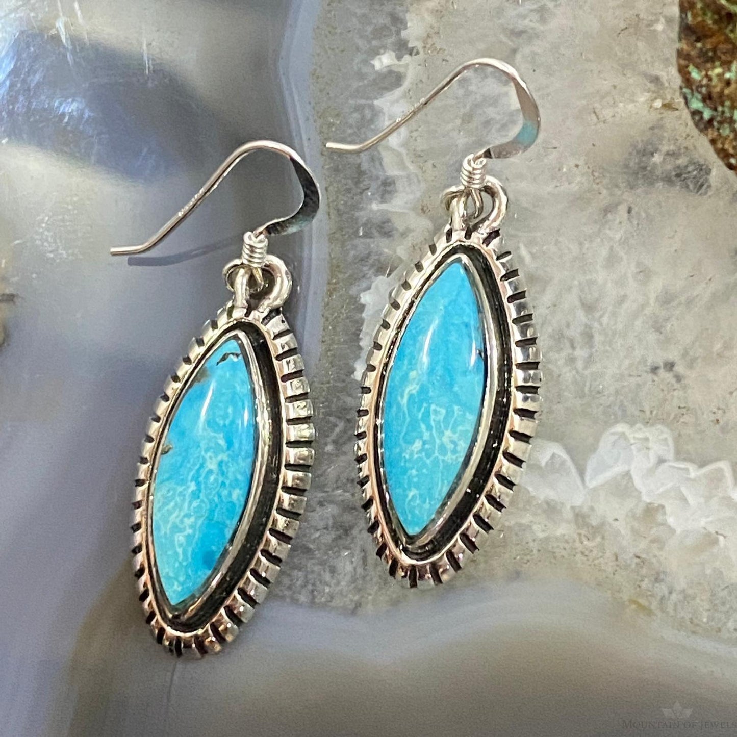 Native American Sterling Silver Marquise Blue Ridge Turquoise Dangle Earrings For Women #2