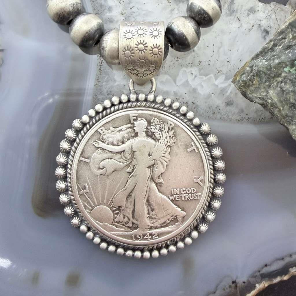Genuine 90% Silver 1942 US Walking Liberty Half Dollar Decorated Unisex Pendant