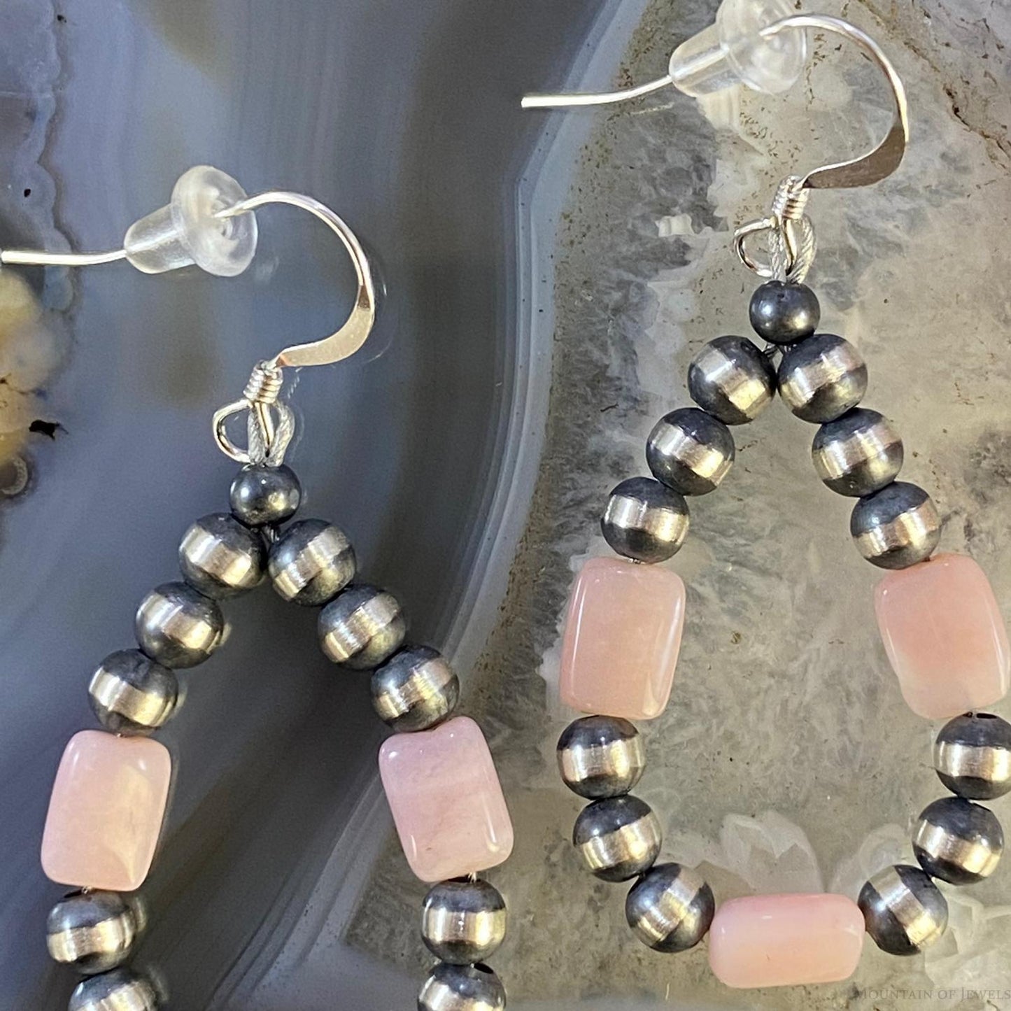 Navajo Pearl Beads & Peruvian Opal 4mm Sterling Silver Hoop Dangle Earrings