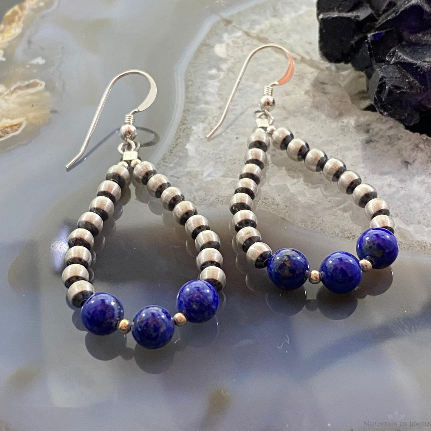 Navajo Pearl Bead & Lapis Bead Dangle Hoop Earrings For Women