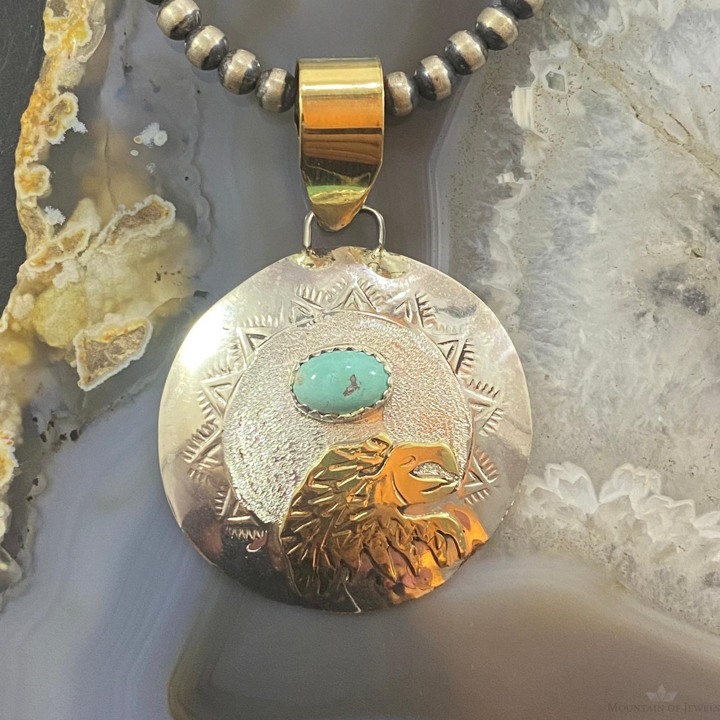 Native American Sterling Silver, GF Eagle Oval Turquoise Pendant For Women