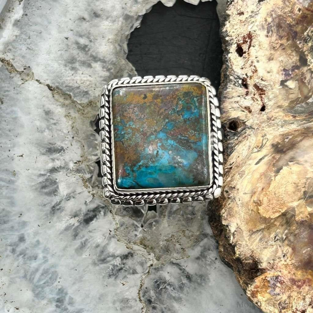 Sterling Silver Southwestern Style Chrysocolla Decorated Bar Ring Size 7.5 For Women