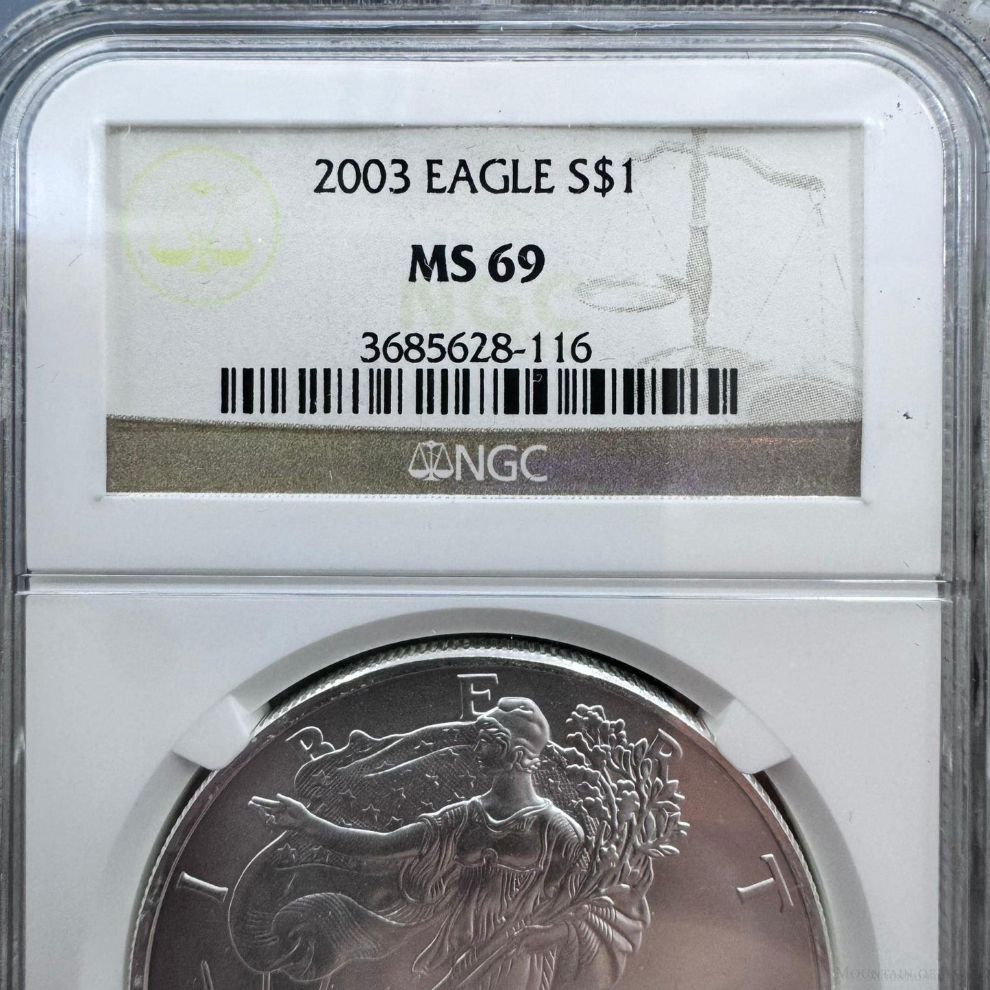 2003 US 1.0oz .999 Fine Silver American Silver Eagle NGC MS69 #3685628-116EX