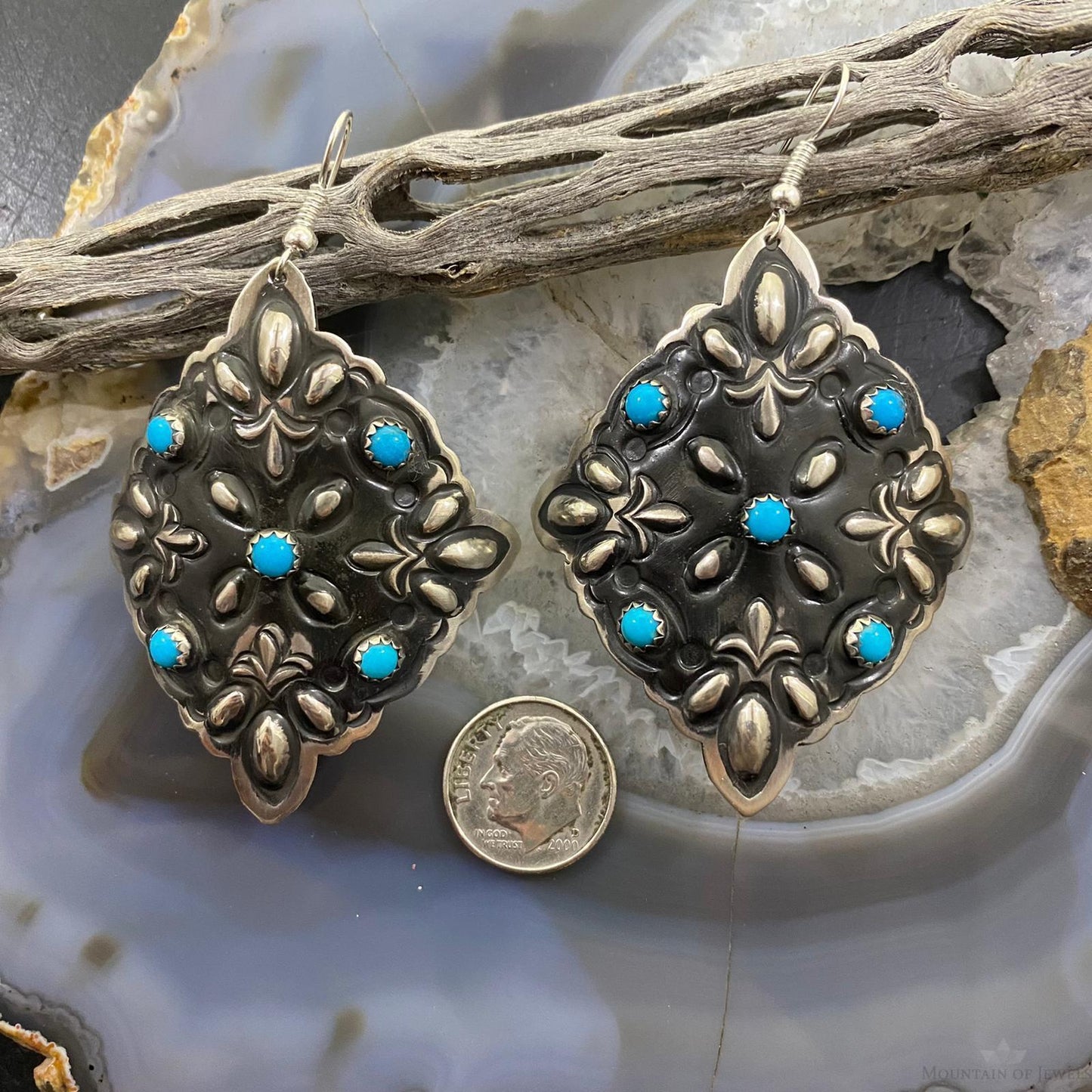 Leander Tahe Sterling Silver Turquoise Floral Repousse Square Concho Earrings