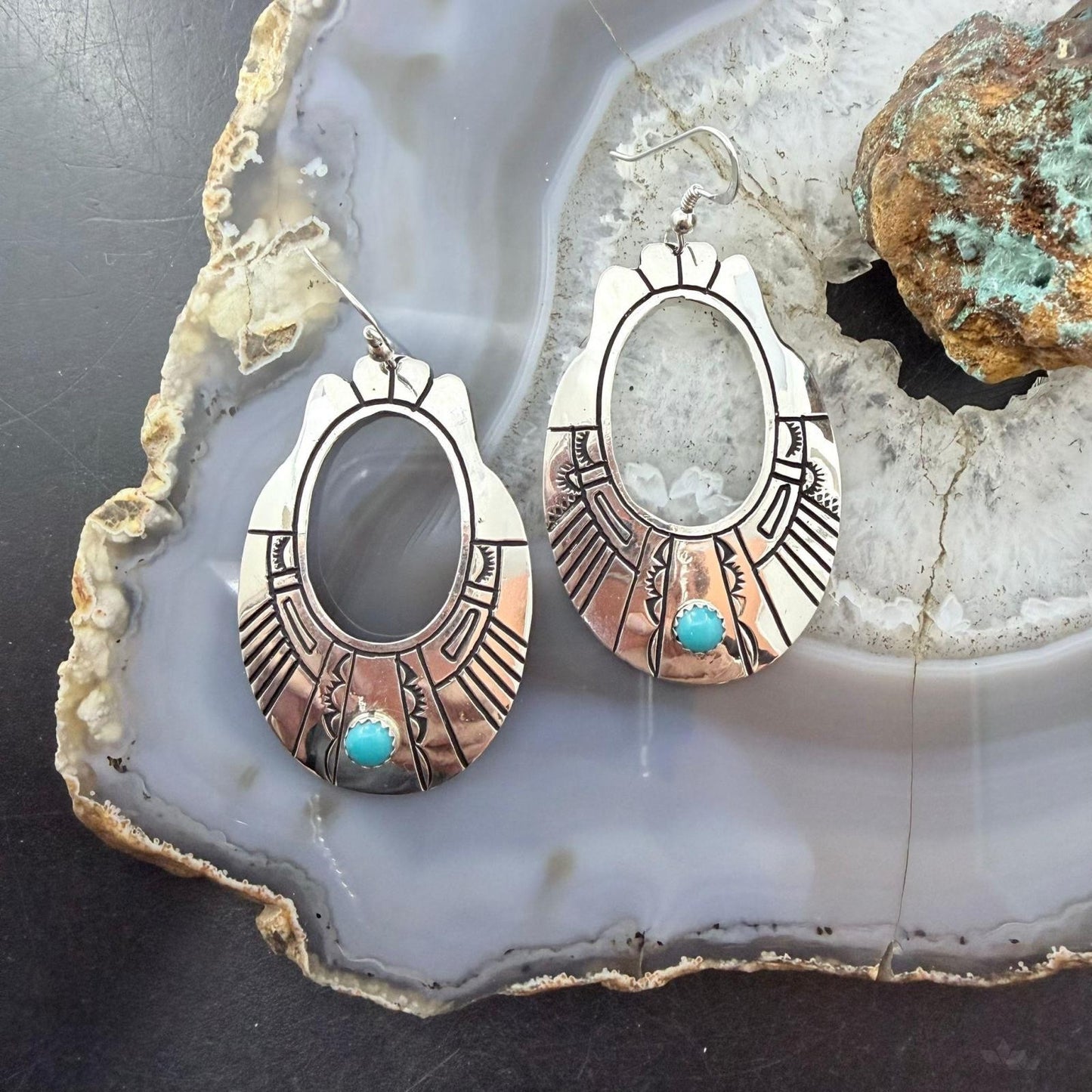 Tommy & Rosita Singer Sterling Silver Dot Turquoise Engraved Dangle Earrings For Women