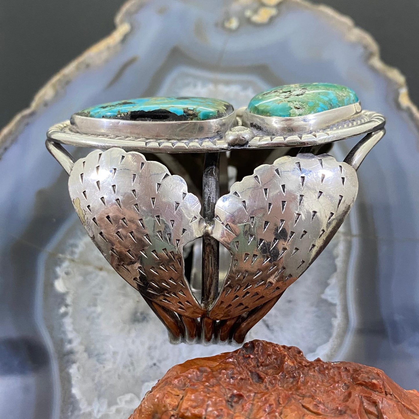 Vintage Native American Silver Cactus Leaves & Turquoise Bracelet For Women