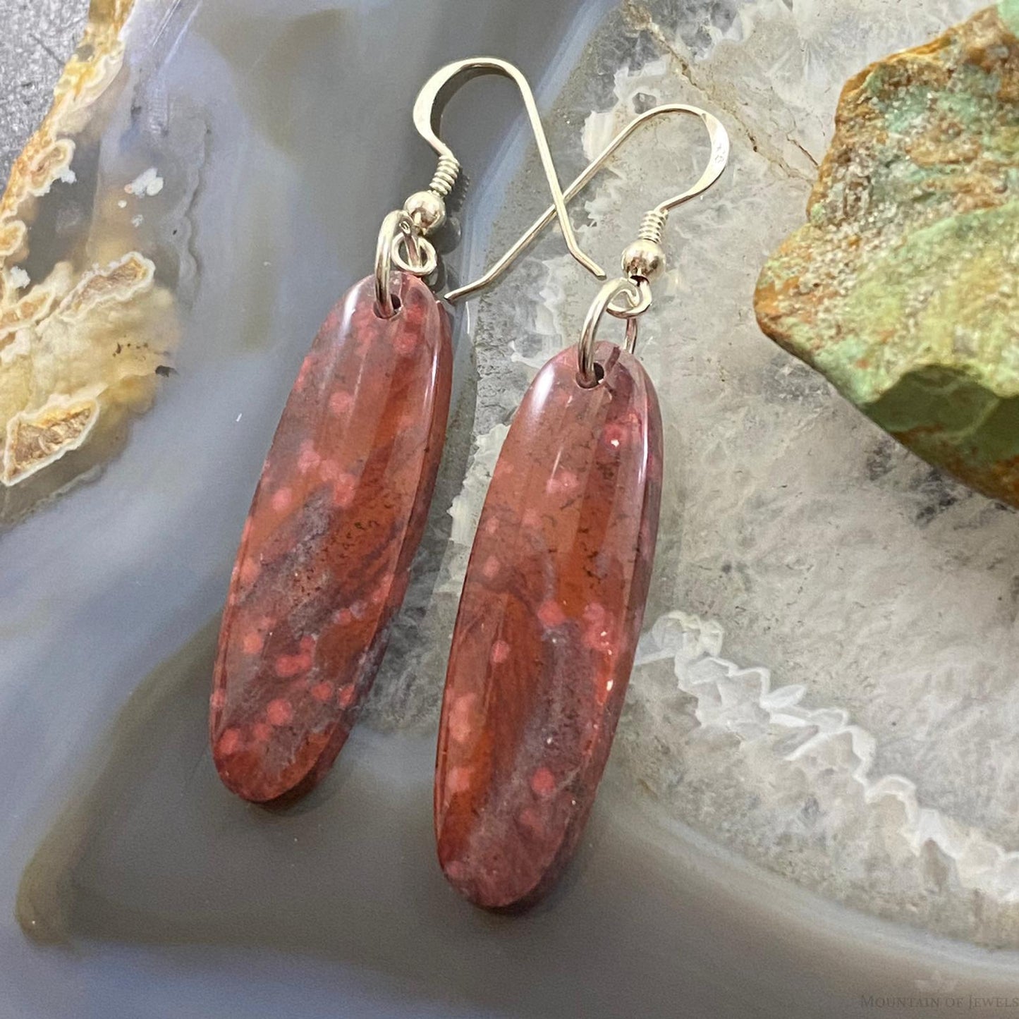 Sterling Silver Oval River Jasper Slab Dangle Earrings For Women