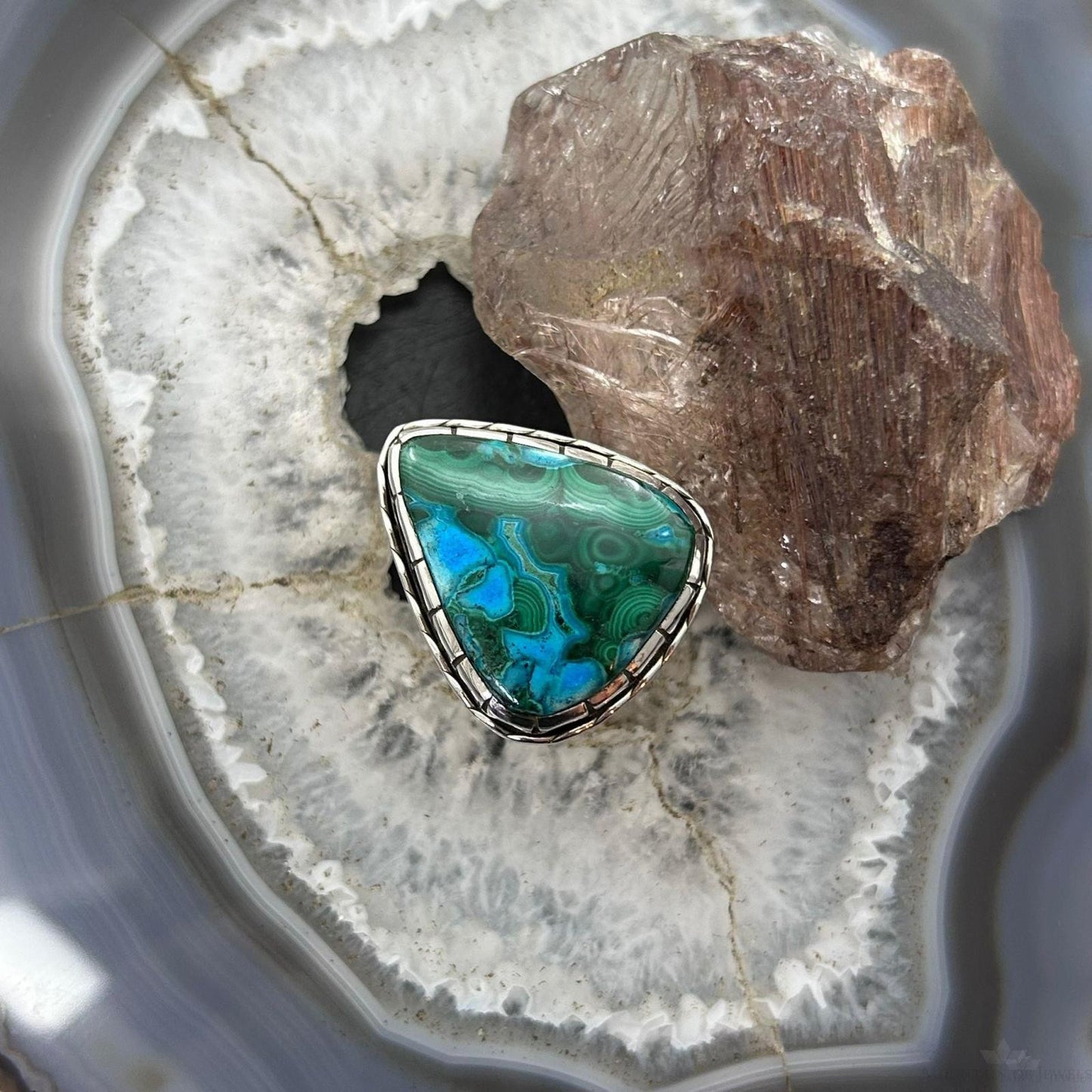 Sterling Silver Southwestern Style Triangular Malachite Chrysocolla Ring Size 9 For Women