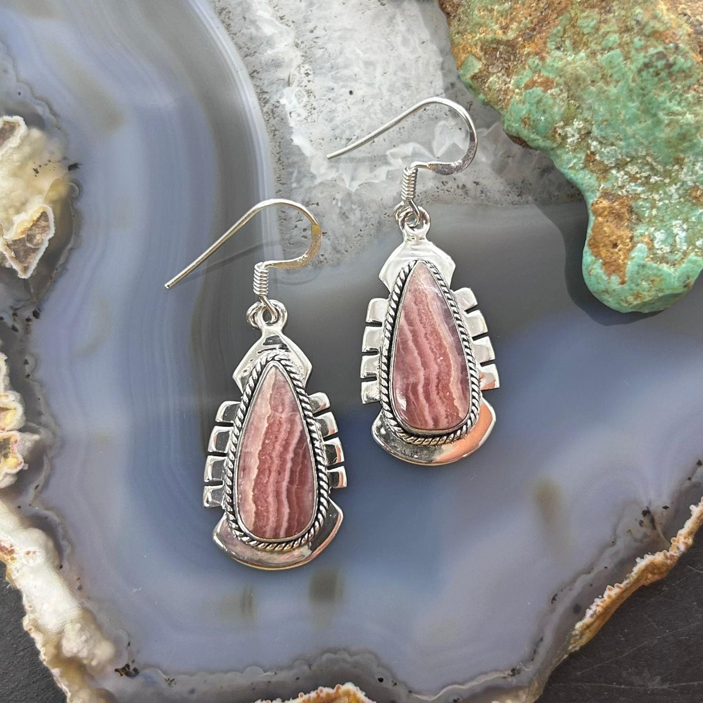 Sterling Silver Southwestern Style Teardrop Rhodochrosite Dangle Earrings For Women