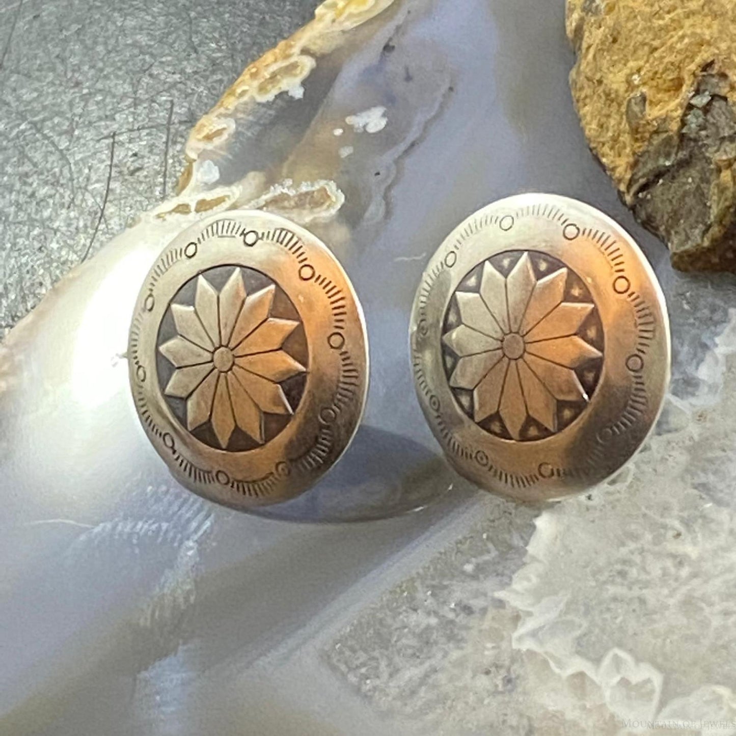 Native American Sterling Round Stamped Floral Concho Stud Earrings For Women