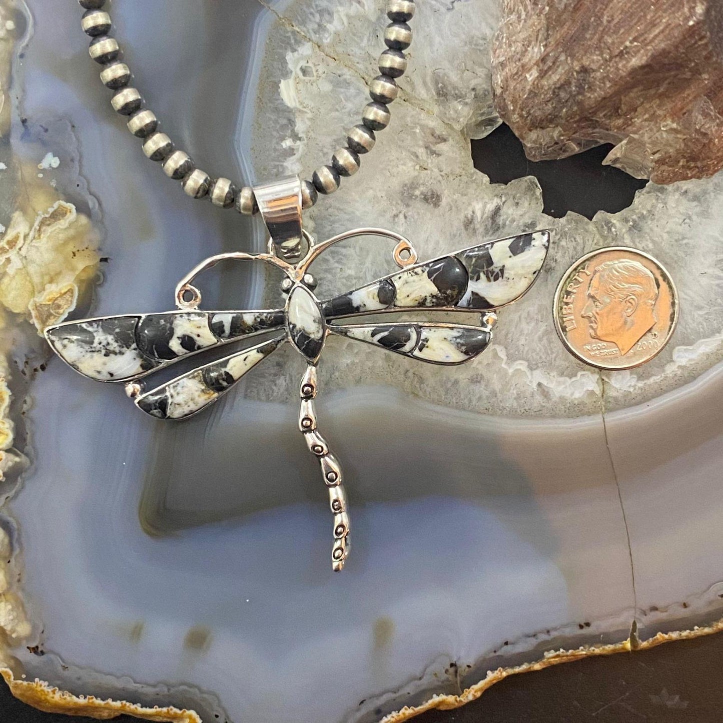 Native American Sterling Silver White Buffalo Inlay Dragonfly Pendant For Women
