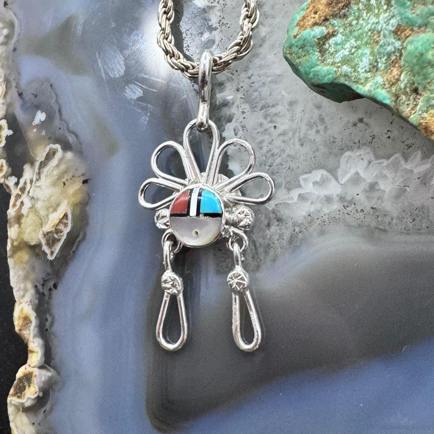 Ola Eriacho Zuni Sterling Silver Multistone Inlay Sunburst Pendant For Women