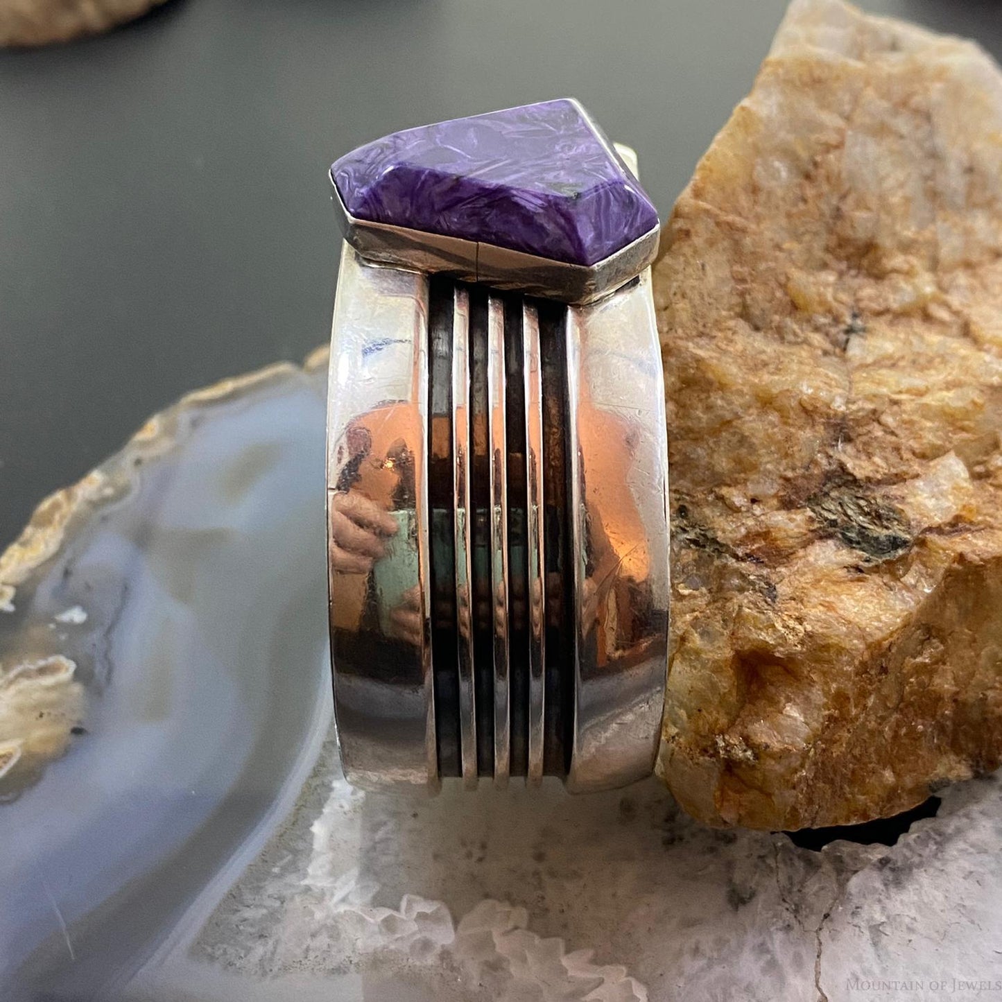 Signed Native American Sterling Linear Overlay Charoite Bracelet For Women
