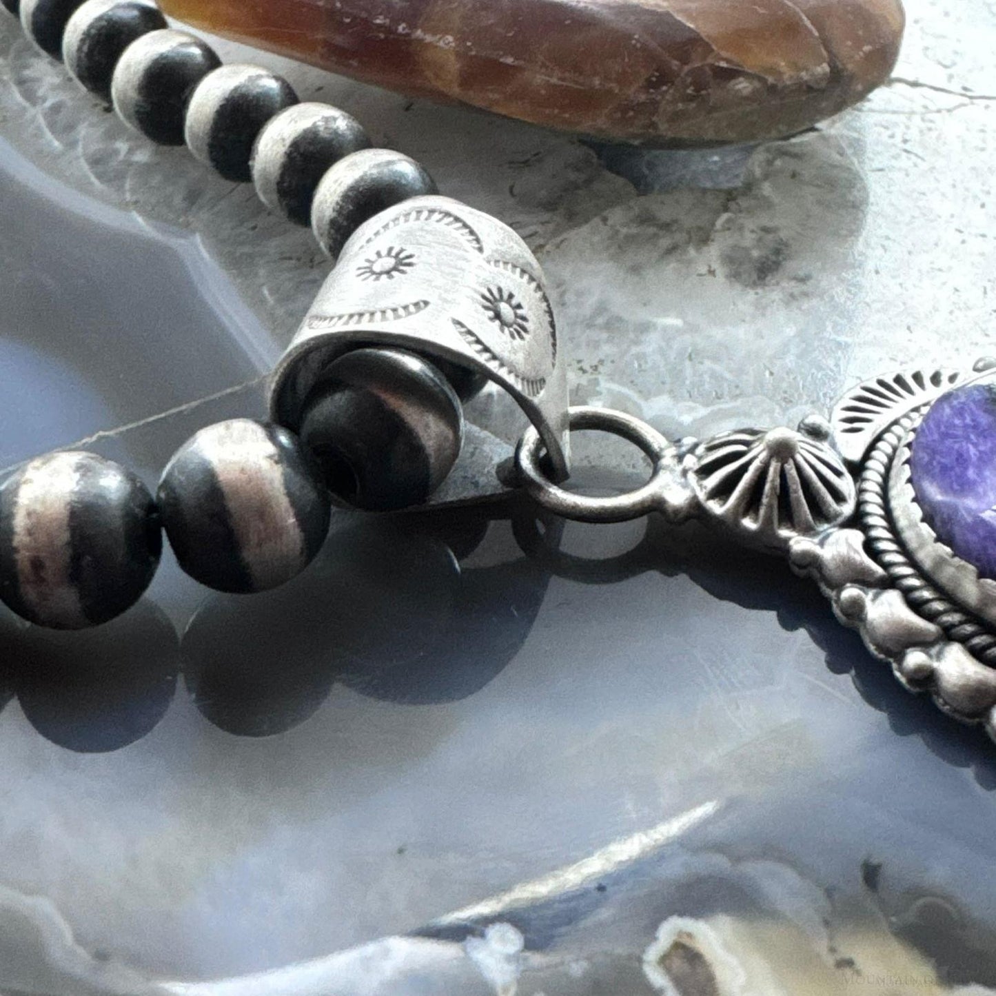 Sterling Silver Southwestern Style Large Oval Charoite Decorated Pendant For Women