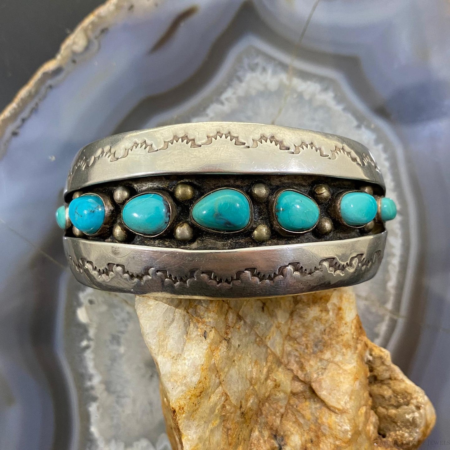 Vintage Native American Silver Shadow Box Turquoise Tapered Bracelet For Women